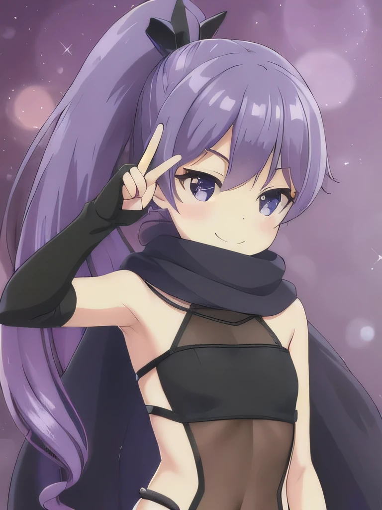 Highest quality, (masterpiece:1.2), Very detailed, (masterpiece), (figure),
Purple background,Particles of light
Sleeping, (Whole body focus:1.2),
No sleeve, Frills, clavicle,
One person, alone, Long Hair, Purple Hair, Purple eyes, Shine, Lens flare, Sparkle, Eyebrows visible through hair, Hair between the eyes, Small breasts, Side Ponytail,Black scarf
Shy, blush,smile,peace sign
