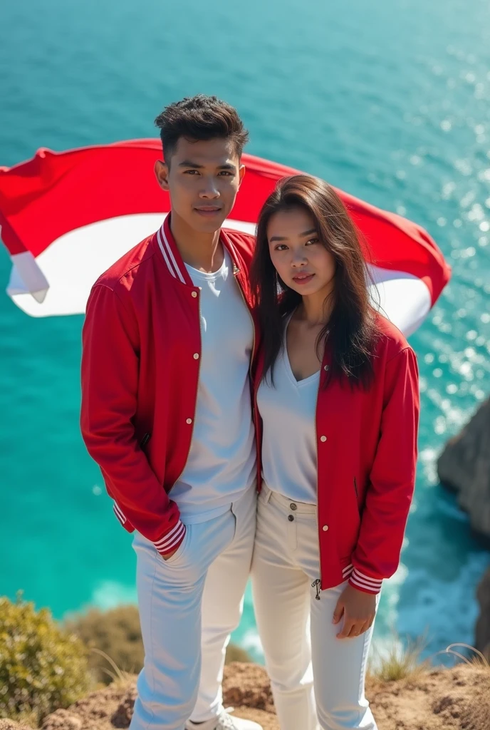 Portrait of a young Indonesian woman and a handsome 19-year-old Indonesian man,wearing a red and white slim jacket,he stands on the rocky hill in white pants,Beneath him lies a beautiful ocean,while holding the red and white Indonesian flag,real best quality,face facing the camera