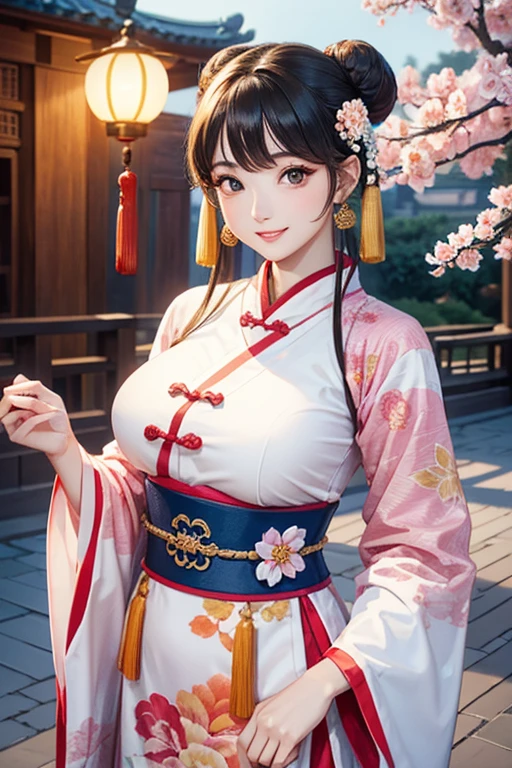 ( High resolution、 Super detailed)、masterpiece、Highest quality、High resolution、8k、Realistic skin texture、 Young and beautiful woman、Beautiful Face、Beautiful Face、Pretty lips、Ample breasts、Balanced style、Hair styled in a bright-colored round bun、Smiling eyes、Hanfu、Walking、Cowboy Shot、background、Buildings from the Tang Dynasty、The city of Chang'an during the Tang Dynasty in China、river view、Flower garden、Peach Blossom、Lantern Light、Detailed CG、