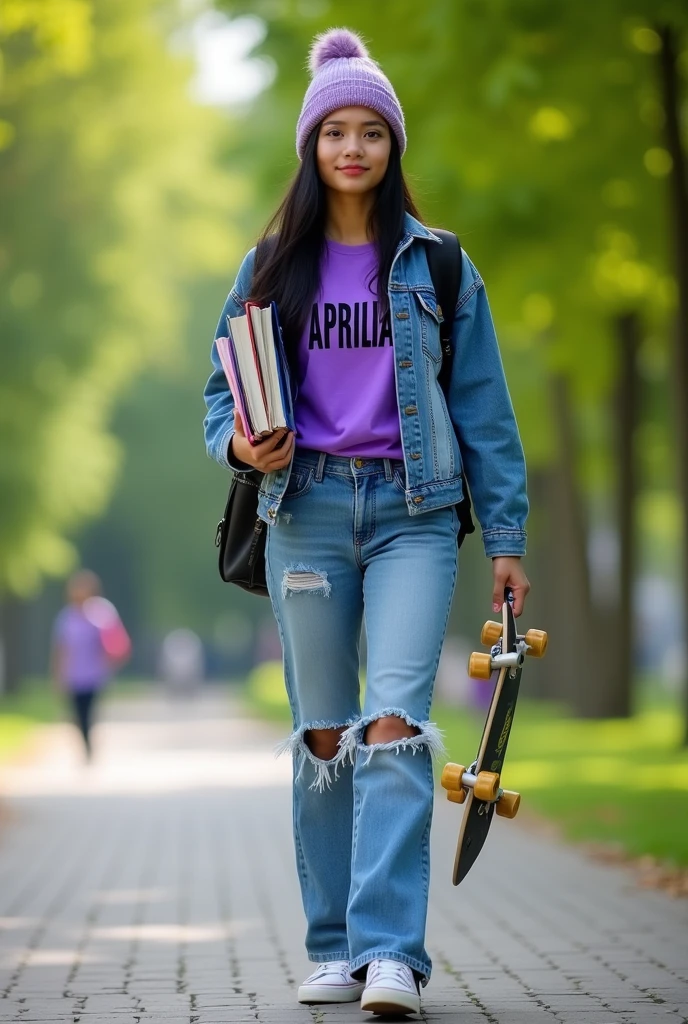 displaying a full HD high-resolution image, a beautiful Indonesian girl, hair tied, wearing a purple shirt, jeans jacket, ripped long jeans, shoe, beanie hat, backpack, walking while carrying books and holding a skateboard, walking in slow motion,featuring “APRILIA”, on his t-shirt. campus park background, Opaque.capital letter