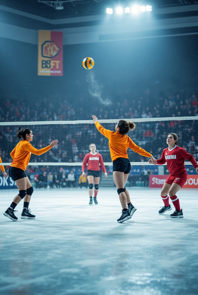 A volleyball game on an ice court 