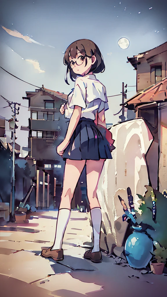 Seaside、Sanctuary、Dazzling Light、Many towers in the distance、Big Moon、metropolis、Tall buildings、Looking up at the stars、water、Midnight、Moon、Blue light、sky、sea、Nsfw、masterpiece, high quality, 4K, HDR,, Stable Diffusion prompt: schoolgirl with short、brown hair and red-framed glasses, wearing a white blouse and navy skirt, white panties visible, navy socks and brown loafers, in a state of arousal and trembling with sexual climax,simple illustration style, In a nichijou (everyday life) Setting Image generation AI model used: Stable Diffusion (eleet- model)
id: i2