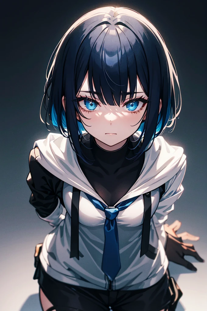 Black and blue hair, Black background with spotlight, woman, chromatic aberration, Extreme close-up of the eyes, 1people, Young face, White jacket,Medium Hair, I wore shorts、Wear sneakers