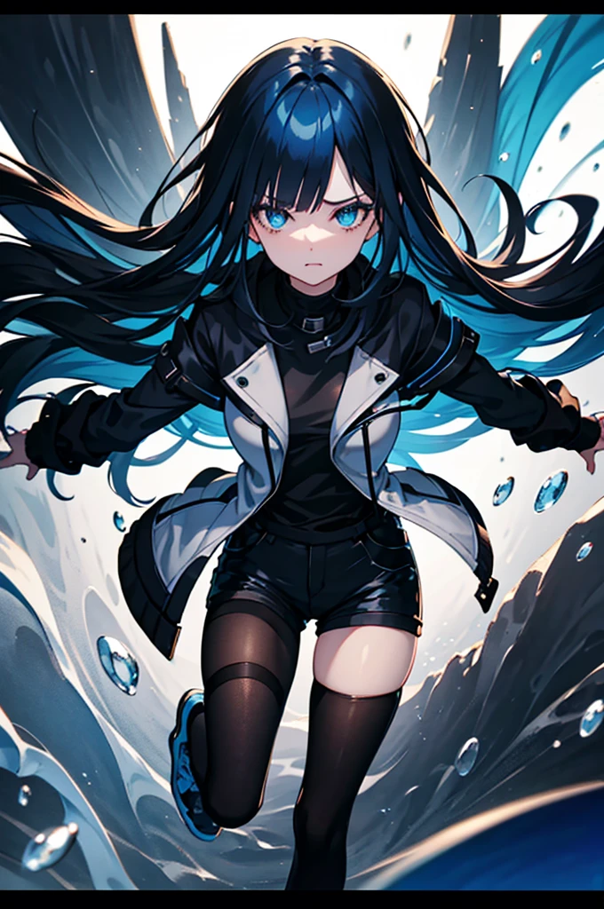 Black and blue hair, Black background with spotlight, woman, chromatic aberration, Extreme close-up of the eyes, １people, Young face, White jacket,Medium Hair, I wore shorts、Wear sneakers