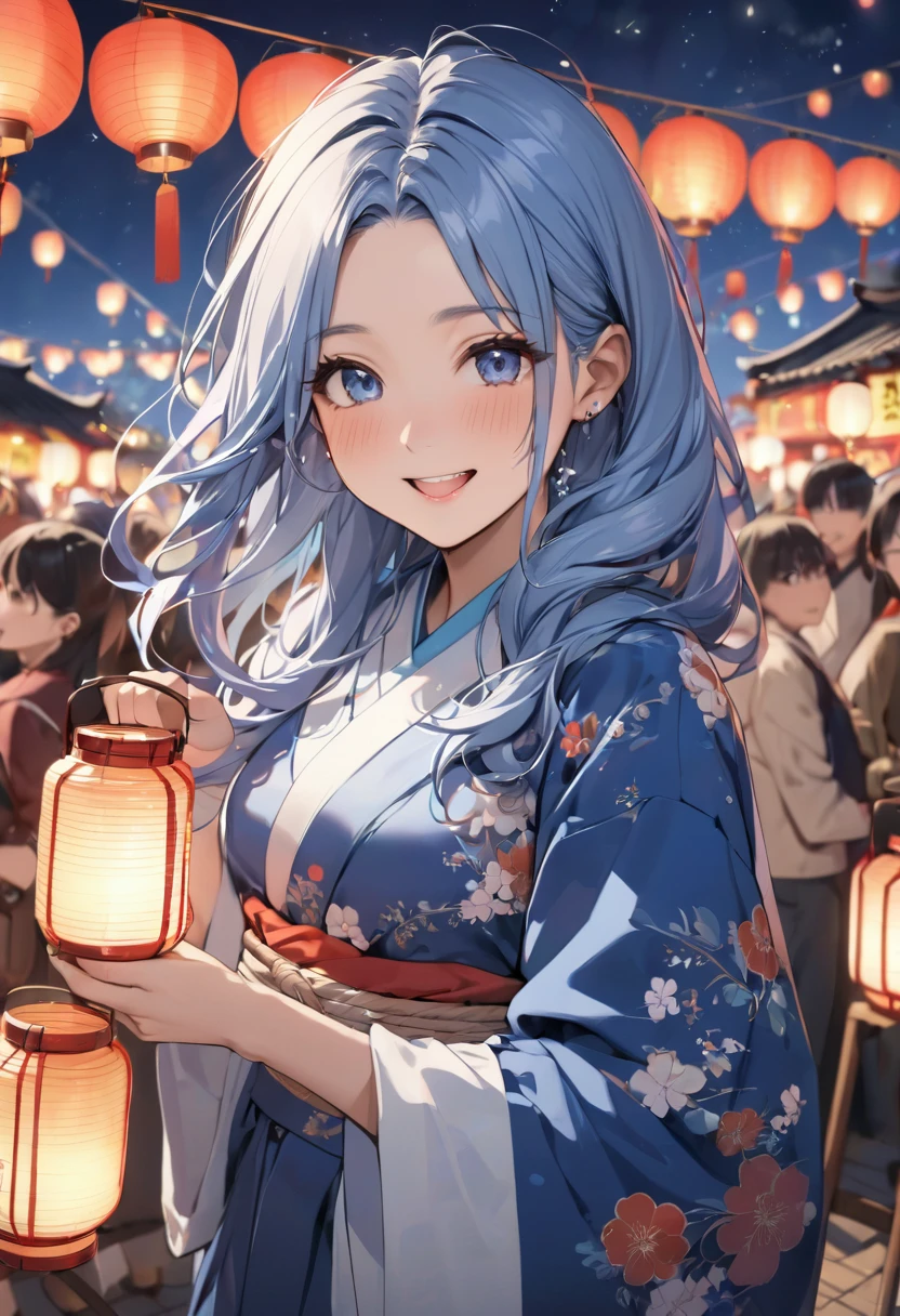 (lantern festival style) (preparing lantern festival), (pov, solo:2, 15 yo), (beautiful detailed forehead) (beautiful detailed blue hair long hair) (best cute girl) (immensely cute blue eyes) (very happy smile, open mouth), (in a immensely cute blue kimono with white Happiness), break, (in the lantern festival venue, put on high rise scaffold), background many people), BREAK, perfect ???????, masterpiece, best quality, 16k, beautiful detailed night festival, daydreaming expression.