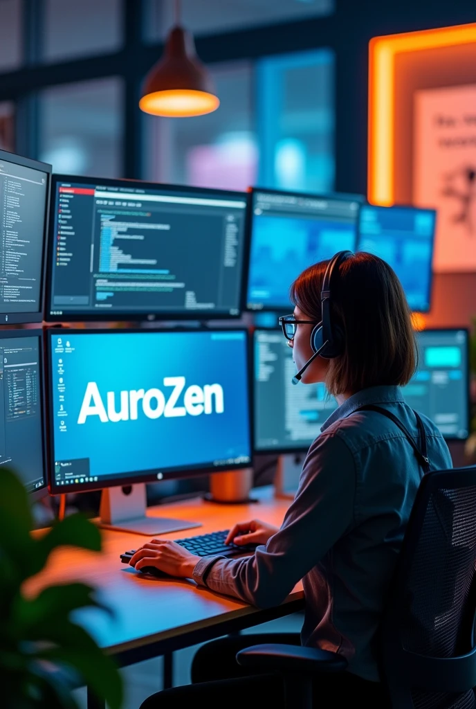 Create a 3D image with a real person who is a technical support representative attending requests on a computer. On the computer, the name AuroZen should be large, complete, and visible.