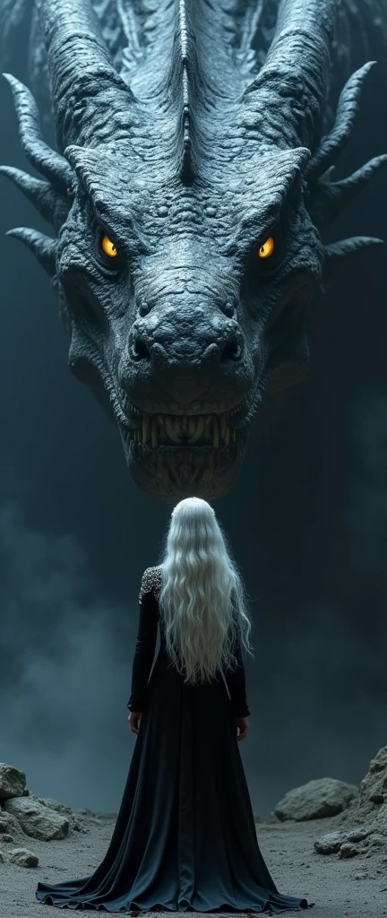 An ultra-realistic and highly detailed image of the head of an enormous dragon. Only its head is framed in the image. It has bright yellow eyes and hard, dark scales. The dragon is resting in a cavern. In front of it, Daenerys Targaryen stands with her back to the camera, her distinctive silver hair and a black dress with silver details visible. There is a mist in the air. Her face is not shown. The scene is captured with a Sony A7R IV paired with a 135mm f/1.8 GM lens, ensuring stunning clarity and rich details. The lighting is dramatic, with the dragon's eyes and the mist providing a soft glow. The aspect ratio is 9:21, emphasizing the vertical composition 