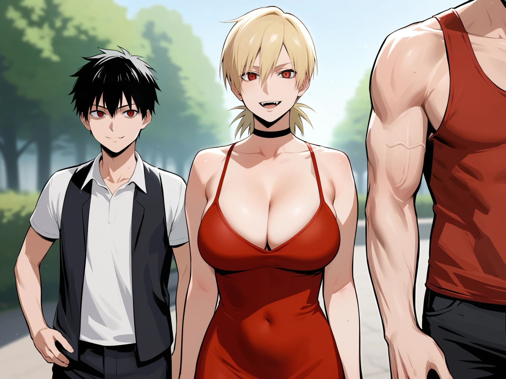 score_9, score_8_up, score_7_up, score_6_up, source_anime, standing, hellsing, seras, blonde hair, nude, park, outdoors, sky, vampire, smirk, fangs, ikuchan, muscular male, male wearing tank top, large breasts, husband and wife, family, looking at viewer, smiling, light skinned male, ((family photo)), standing, 1girl, smile, cute, happy family ((size difference)), tall male, ((light skinned male))), gown, dress, navel, short dress, red dress, , ((size difference)), shota, ((family)), wholesome, sfw, raing:safe, ((large male)), black haired male, solo focus, choker, solo focus, 2boys, 1girl, trio, mature male, dilf, ((portrait)), faceless male, husband and wife and son