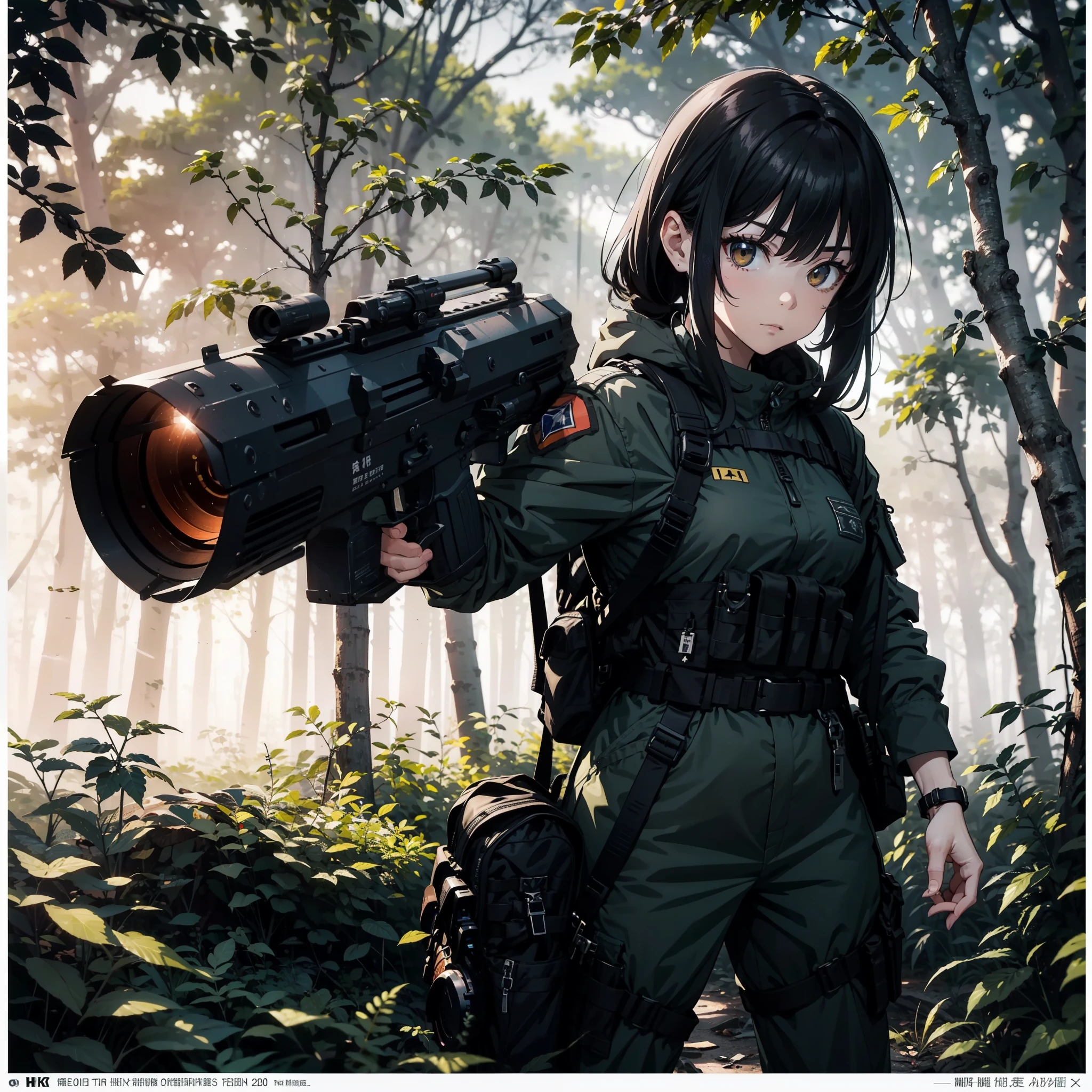 In a dark and misty forest clearing、A female soldier stands in sniper position with a rifle。She is dressed in a sleek black combat uniform.、The expression is stern and concentrated。 H&K HK416 rifle aiming、Her gaze is directed downwards、Part 7.The 62mm barrel shines in the dim light.。The camera zooms in on the gun.、Textured Grip、Angular design、Precision-crafted gun stocks, etc.、Highlights every intricate detail。When she fires、A burst of lens flare illuminates the scene、It gives a fantastic glow to the entire composition.。In stunning 8K resolution、The determined face of a soldier、The smooth lines of the rifle、And the misty atmosphere that surrounds them.、Every detail shines through、All come together to create a true masterpiece of digital art.