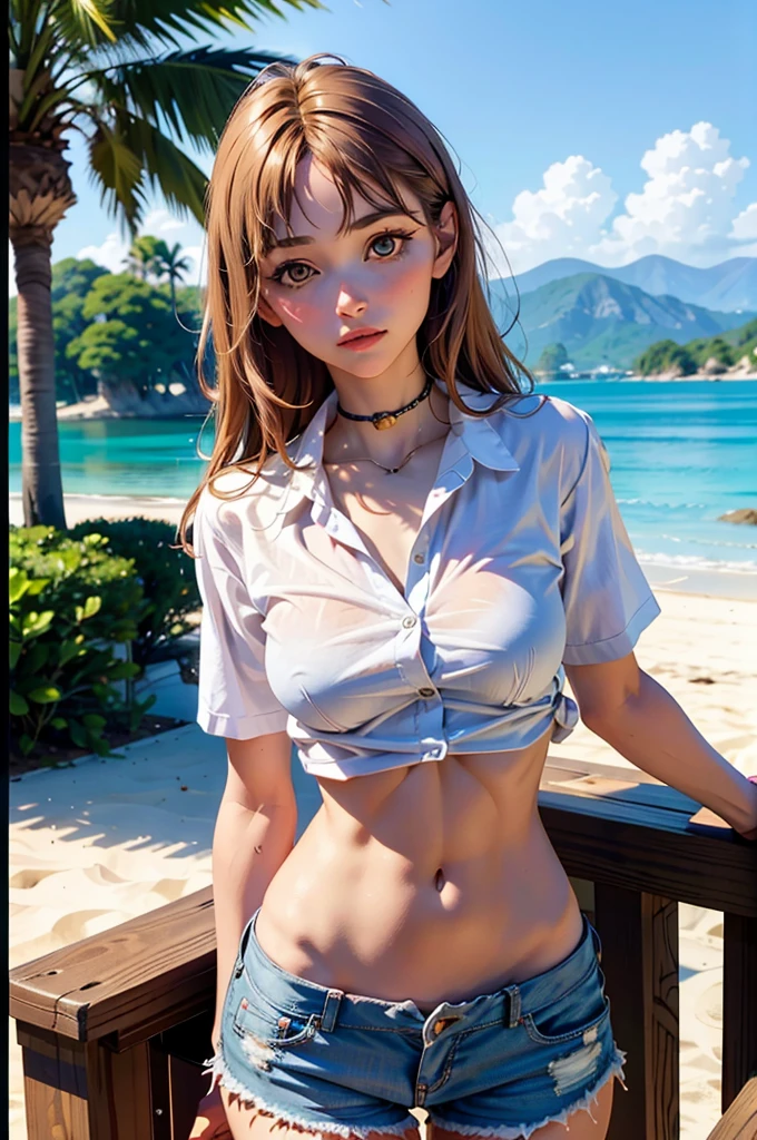 a woman wearing linen shirt and Bermuda shorts, sahara, (edge lighting:0.5)