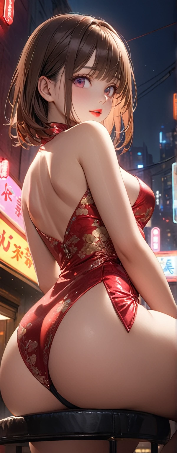 Straight hair、Brown Hair,Medium Hair,((An extremely elaborate red sexy cheongsam)), Appearance , (beautiful girl: 1.3),One person,Highest quality,8k,Highly detailed CG unit wallpaper,masterpiece:1.2,Highest quality,Ultra-high resolution,RAW Photos,Realistic textured skin,Cinema Lighting,great joy,big eyes,Detailed eyes,Glossy lipstick,Perfect Makeup,Ultra-high definition beauty face,Huge building,Metropolis,Sensual,((big, Round and beautifully shaped butt)),Lounge at night,Cyber Pink Background,Detailed neon lights,Sequins,(((Please raise your knees)),(From below:1.3),(Looking down, Watch with a viewer:1.3), (I see black panties:1.3), (Topless:1.5)