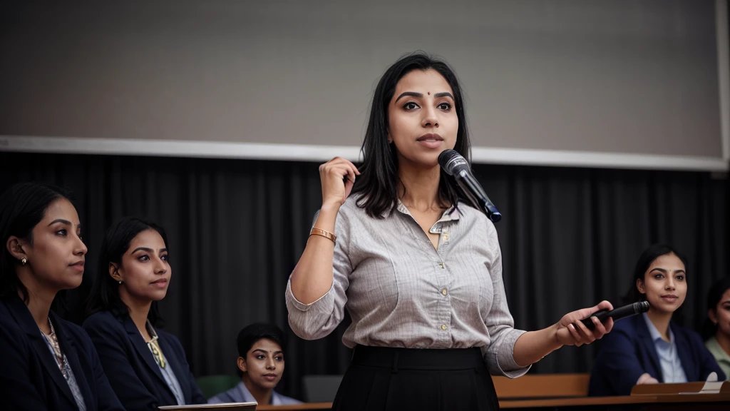 woman as a lecturer teaching to students in a depth of field background holding a lecture mic in one hand papers in the other hand 
