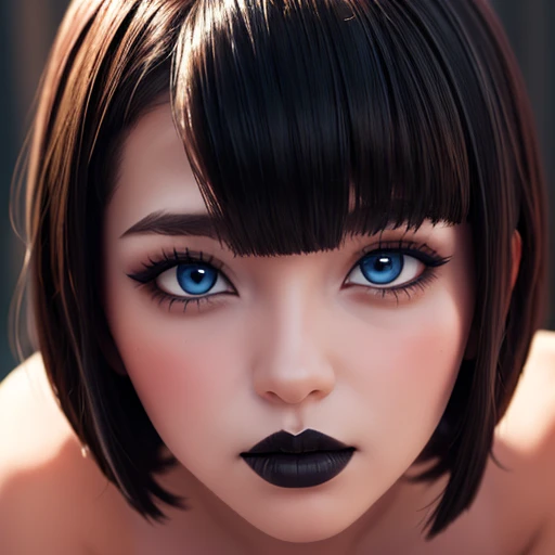 beautiful busty girl, beautiful and perfectly detailed face, blue eyes, short hair with bangs, thick lips,  BLACK LIPS, detailed perfect black manicure, slender body, nsfw image 1.2 high resolution 12k gothic makeup 