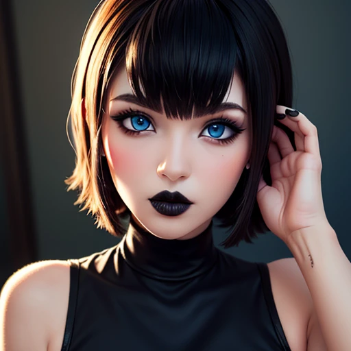 beautiful busty girl, beautiful and perfectly detailed face, blue eyes, short hair with bangs, thick lips, BLACK LIPS, detailed perfect black manicure, slender body, nsfw image 1.2 high resolution 12k gothic makeup
