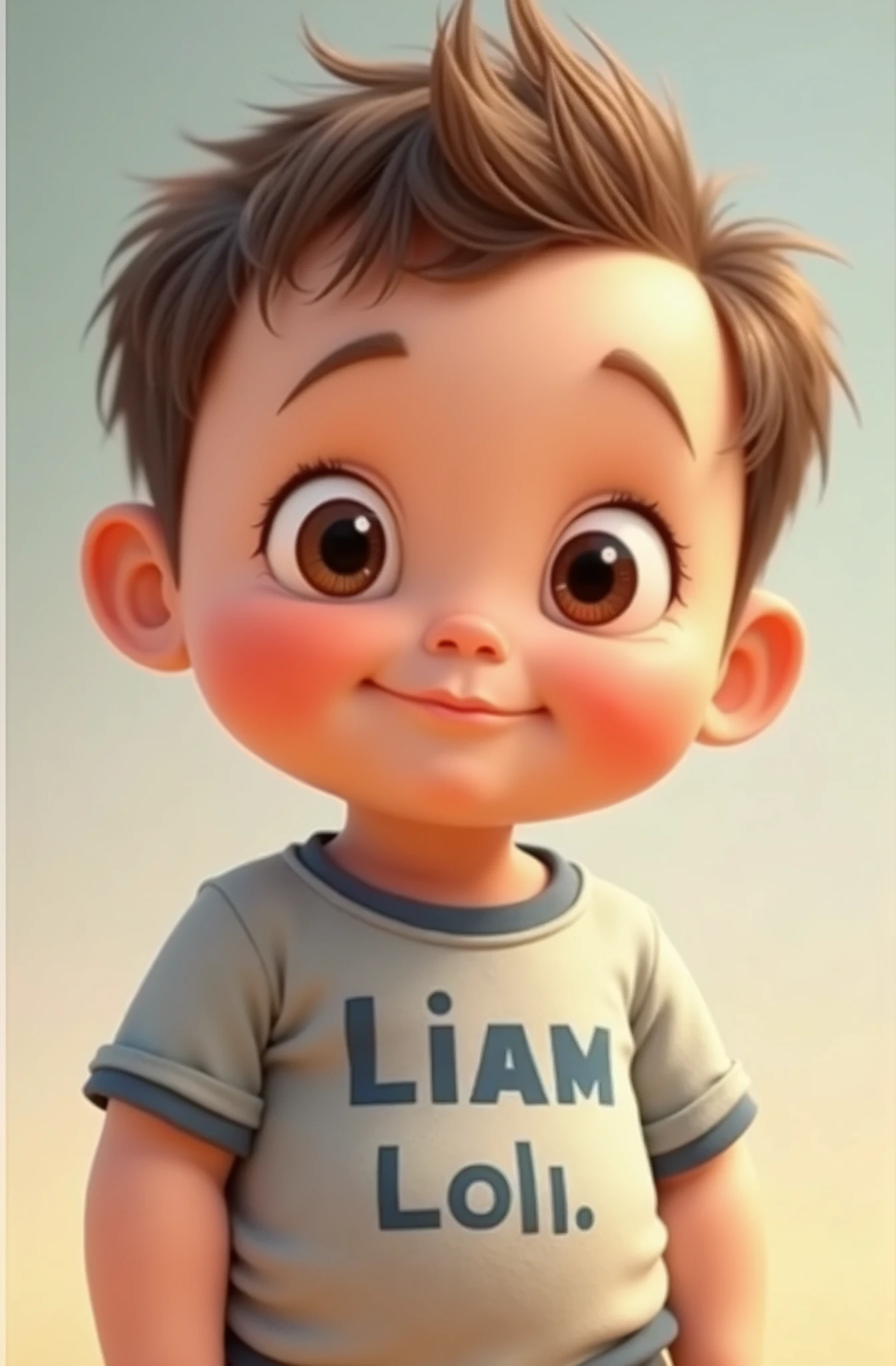Image of a 6-month-old baby in a cartoon with his name Liam Gabriel on the top and another drawing in cartoons like from a funny movie with his shirt saying 6-month-old Liam