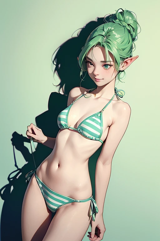 {erotic face,looking away,enchanting smile}, {1 elf_girl,(small breasts:1.2),slender body,thin thighs,(light green colored hair,medium hair,braid hair intricately)},BREAK,{(proper nipples:1.05,under_boob,side_boob,(thin fabric bikini:1.4),(Horizontal striped pattern bikini), (very tiny bikini:1.2)},BREAK,{(open legs a little:1),(seductive pose:1),(hand on waist)},BREAK,{The background is a plaster wall with a little bit of brick,(cast a shadow on the background:1.4)},{bright midsummer sunshine,(Gravure photography:1.4),(very low angle:1.4)},{(masterpiece,best quality)}