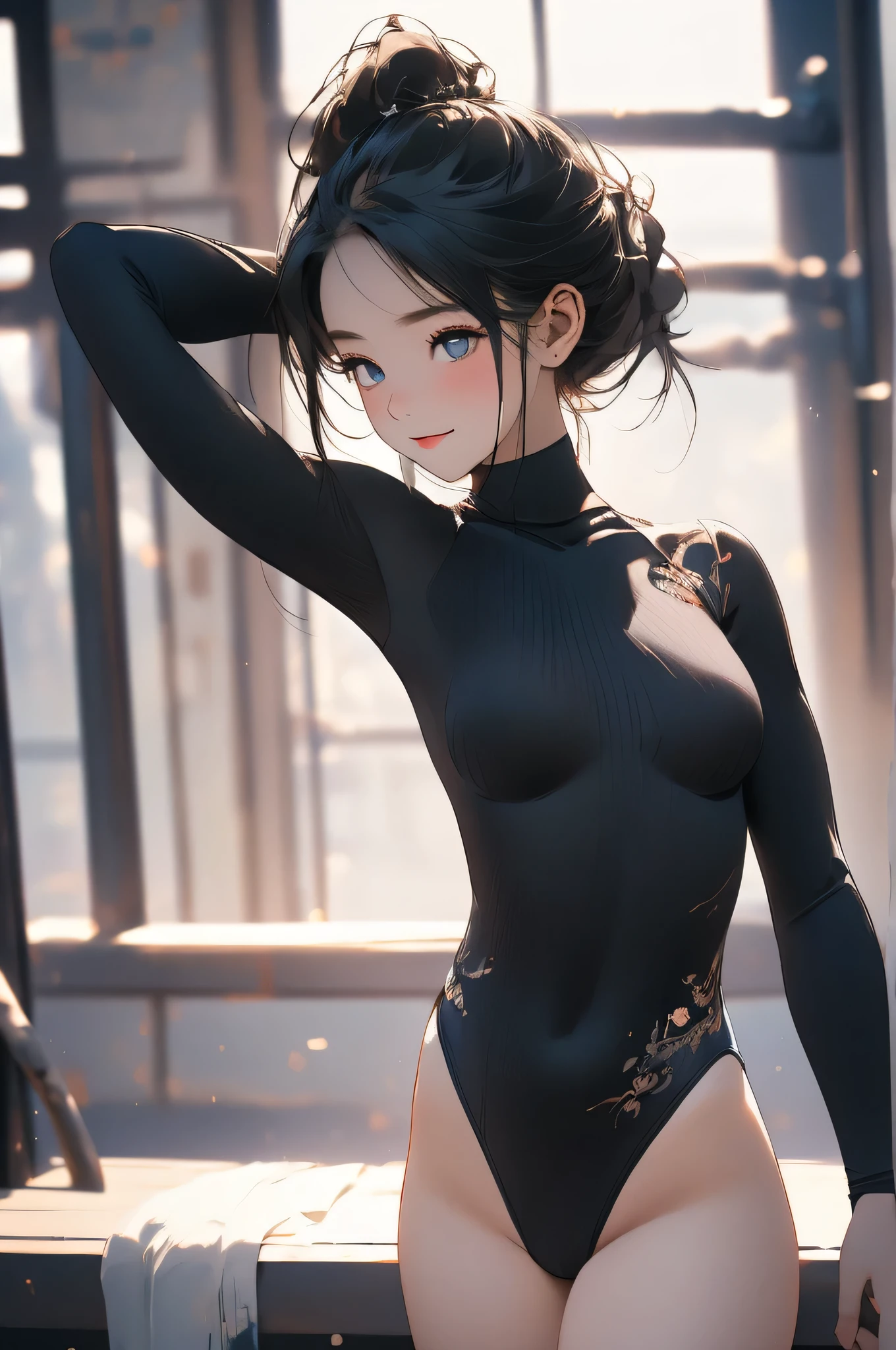 High quality illustrations、masterpiece、Very delicate and beautiful、attractive、(colorfulなレオタード、Heattech leotard、Tight leotard、long_sleeve leotard、Rib Leotard、high_leg leotard、turtleneck leotard)、thin、thin体、slim、Gymnastics Club、Gymnast、barefoot、Gymnasium background、Beautiful Eyes、Bright smile、(masterpiece、Highest quality:1.2)、High resolution、Highly detailed CG uniform 8k wallpaper、Perfect lighting、colorful、超High resolution、4K、Super detailed、photograph、8k、HDR、、Cowboy Photography、