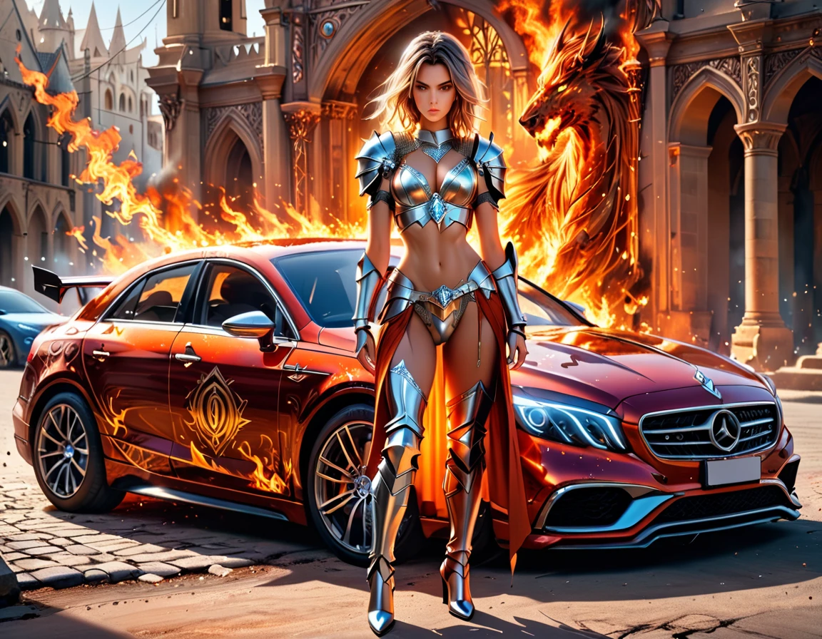 a portrait of a beautiful female knight ready for battle, she is standing near her  loyal car, a mature female paladin knight, holy warrior, ((full body: 1.5)), ((anatomically correct: 1.5)), (ultra detailed face: 1.2), looking tense, looking dangerous, dynamic eye color, dynamic hair color, dynamic hair style dynamic skin complexion, holding a radiant sword, holy sword, divine sword, wearing intricate armor, wearing high heeled boots, BREAK standing near her car, divine car, magical car, ready to battle car, car wreathed in flames, holy intricate runes, slick car,  vibrant, Ultra-high resolution, High Contrast, (masterpiece:1.5), highest quality, Best aesthetics), best details, best quality, highres, 16k, (ultra detailed: 1.5), masterpiece, best quality, (extremely detailed) RAW, (ultra details, Masterpiece, best quality), Intense gaze , FairyTaleAI, faize