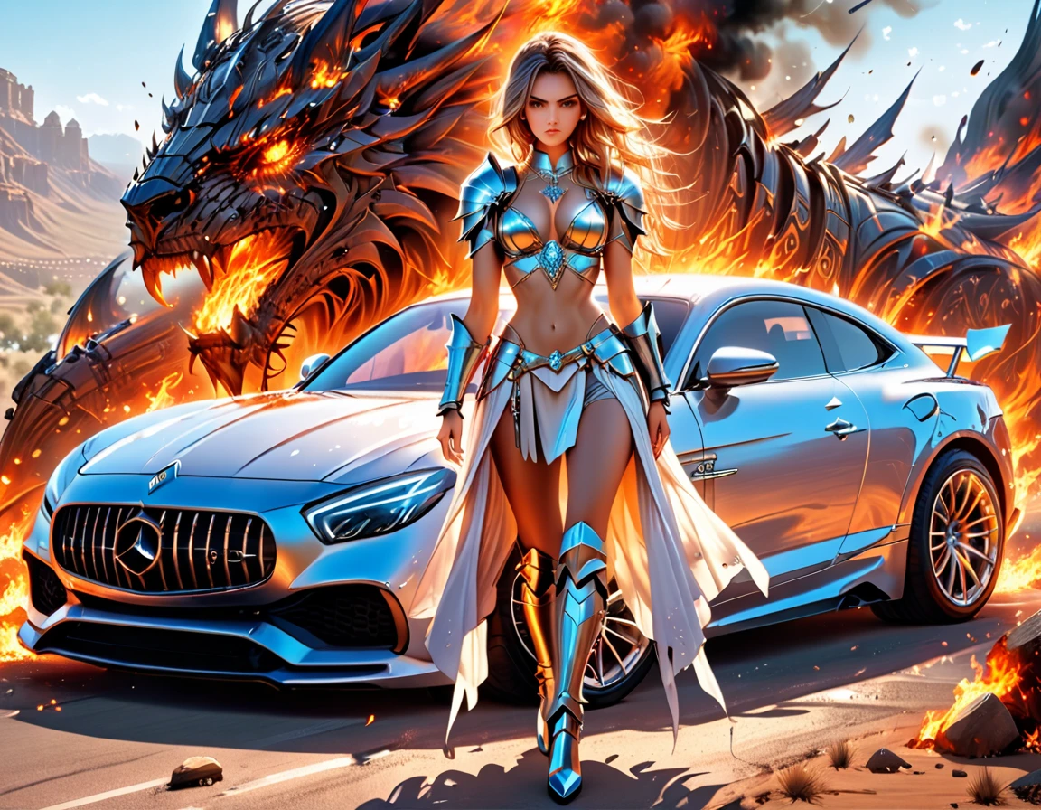 a portrait of a beautiful female knight ready for battle, she is standing near her loyal car, a mature female paladin knight, holy warrior, ((full body: 1.5)), ((anatomically correct: 1.5)), (ultra detailed face: 1.2), looking tense, looking dangerous, dynamic eye color, dynamic hair color, dynamic hair style dynamic skin complexion, holding a radiant sword, holy sword, divine sword, wearing intricate armor, wearing high heeled boots, BREAK standing near her car, divine car, magical car, ready to battle car, car wreathed in flames, holy intricate runes, slick car, vibrant, Ultra-high resolution, High Contrast, (masterpiece:1.5), highest quality, Best aesthetics), best details, best quality, highres, 16k, (ultra detailed: 1.5), masterpiece, best quality, (extremely detailed) RAW, (ultra details, Masterpiece, best quality), Intense gaze , FairyTaleAI, faize