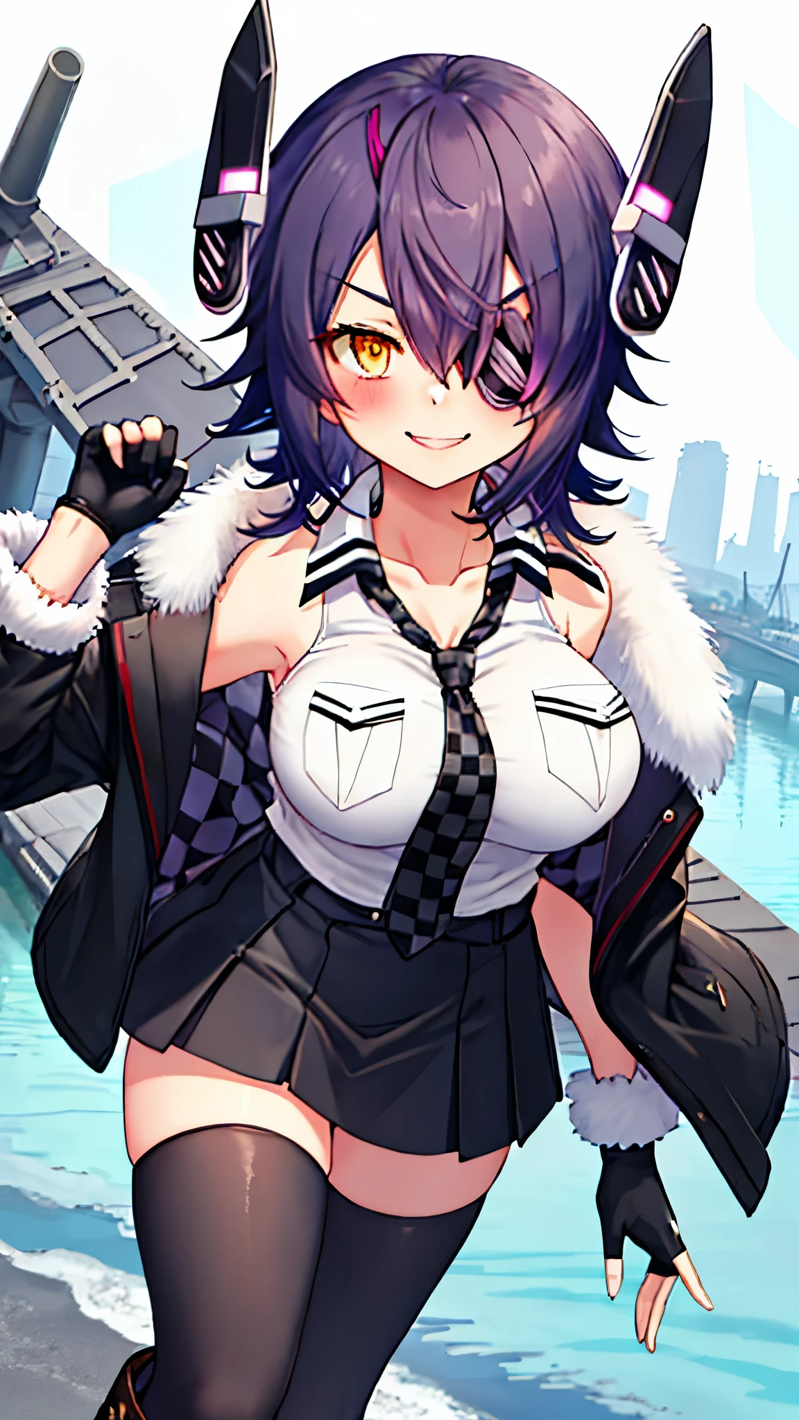 best quality, masterpiece, solo, {tenryuu_kantaicollection:1.15}, teen_girl, eyepatch, short_hair, purple_hair, yellow_eyes, headgear, breasts, necktie, large_breasts, smile, 1girl, blush, checkered_necktie, hair_over_one_eye, shirt, collared_shirt, white_shirt, jacket, sleeveless, brown_eyes, fur-trimmed_jacket, fur_trim, collarbone, looking_at_viewer, pocket, breast_pocket, ,, messy_hair, black_gloves, gloves, partially_fingerless_gloves,harbor_road_landscape_background,outdoor,short_skirt,thigh-highs,boots,sunlight,from_below