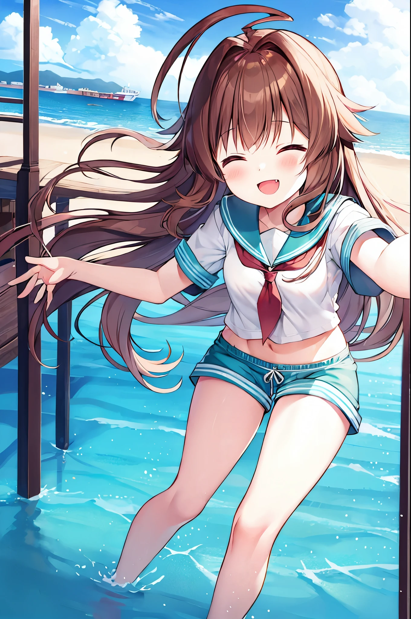 1young_teen_ girl,  brown_hair, long_hair, sailor_uniform,white_ baggy_shorts, short_sleeve, thighs, small_breasts, big_smile, open_mouth, fang, harbor_landscape_background, slightly_spread_legs, happiness, covered_crotch,ahoge,XD,exciting_posing,closed_eyes