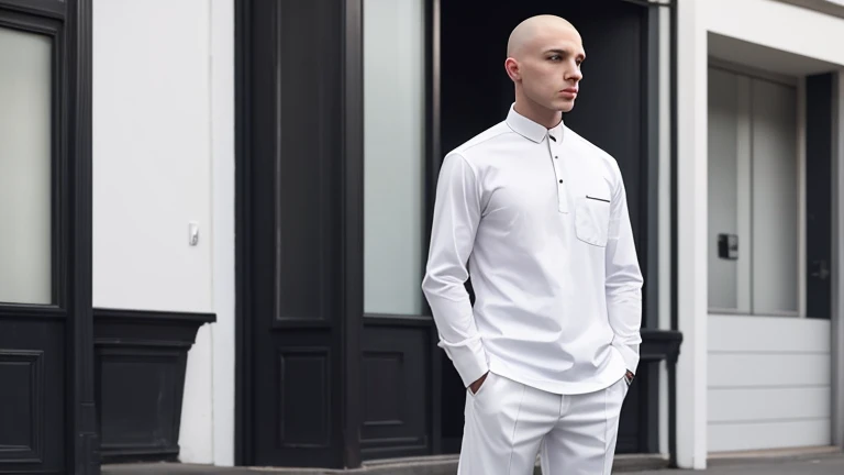 White long sleeve,White trousers,Skinhead,male,dark,People in distress々,Expressionless,
