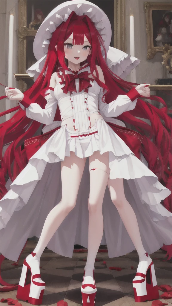 Red long hair girl，vampire，White Hat，White skirt，Chest，Bare Legs，Platform shoes，Standing，castle