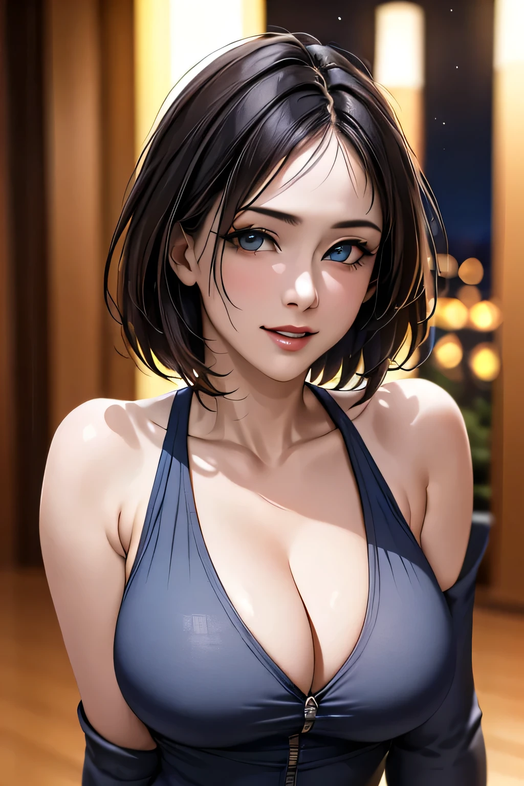 (highest quality, 8k, 32K, masterpiece), (Realistic), (Realistic:1.2), (High resolution), (night:1.7), Japan, cyber punk, City View, In front of the window,Wooden floor, 
Blue jacket, Grey Shirt, clavicle, jewelry, gem, Brunette Bob, 
1 female, 45 years old, beautiful Finger, beautiful long legs, beautifulbody, beautifulNose, beautifulcharacter design, Perfect Eyes, perfectface, Expressive eyes, View your viewers, Center the image, (upper_body), (Focus on her face),
Official Art, Very detailed CG Unity 8k wallpaper, Perfect lighting,Farbeful, bright_front_face_Lighting,Glowing Skin,
(masterpiece:1.0),(Highest_quality:1.0), 超High resolution,4K,Very detailed,
photograph, 8k, High resolution, High resolution, absurdes:1.2, 400 for Kodak Port, Film Grain, Blurred Background, bokeh:1.2, Lens flare, (Vibrant_Farbe:1.2)
(beautiful,chest), (beautiful_face:1.5),(narrow_Waist),