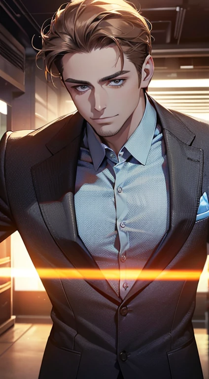 (best quality,4k,8k,highres,masterpiece:1.2),ultra-detailed,(realistic,photorealistic,photo-realistic:1.37),1 man,31 years old,mature man,very handsome,without expression,smile,short grey brown hair,blue eyes,penetrating gaze,perfect face without errors,imposing posture,businessman,office background,cinematic lighting,hdr image