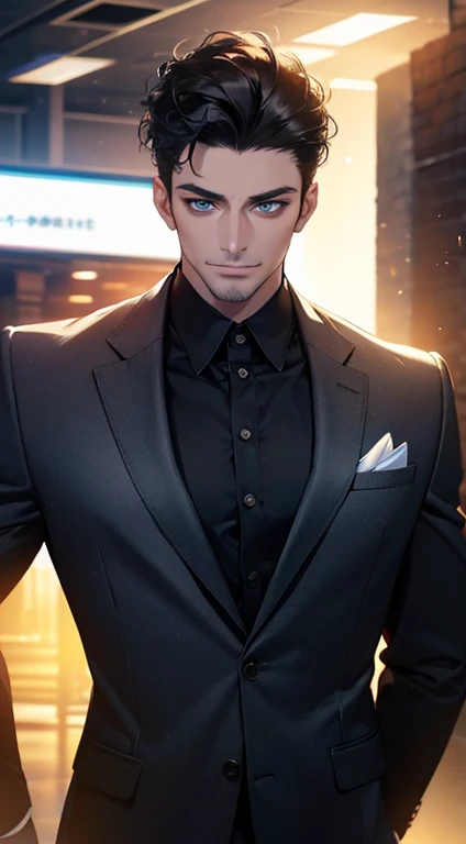 (best quality,4k,8k,highres,masterpiece:1.2),ultra-detailed,(realistic,photorealistic,photo-realistic:1.37),1 man,31 years old,mature man,very handsome,without expression,smile,short grey black hair,blue eyes,penetrating gaze,perfect face without errors,imposing posture,businessman,office background,cinematic lighting,hdr image