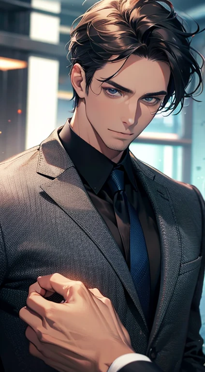 (best quality,4k,8k,highres,masterpiece:1.2),ultra-detailed,(realistic,photorealistic,photo-realistic:1.37),1 man,31 years old,mature man,very handsome,without expression,smile,short grey black hair,blue eyes,penetrating gaze,perfect face without errors,imposing posture,businessman,office background,cinematic lighting,hdr image