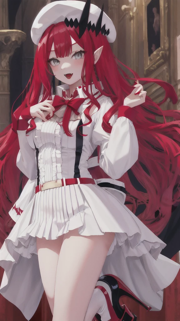 Red long hair girl，vampire，White Hat，White skirt，Chest，Bare Legs，Platform shoes，Standing，castle