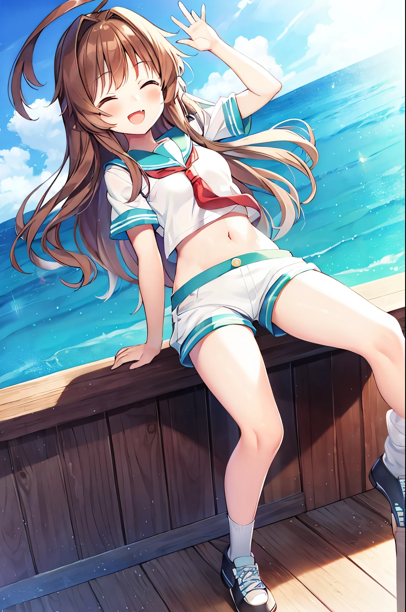 1young_teen_ girl,  brown_hair, long_hair, sailor_uniform,white_ baggy_shorts, short_sleeve, thighs, small_breasts, big_smile, open_mouth, fang, harbor_landscape_background, slightly_spread_legs, happiness, covered_crotch,ahoge,XD,exciting_posing,closed_eyes