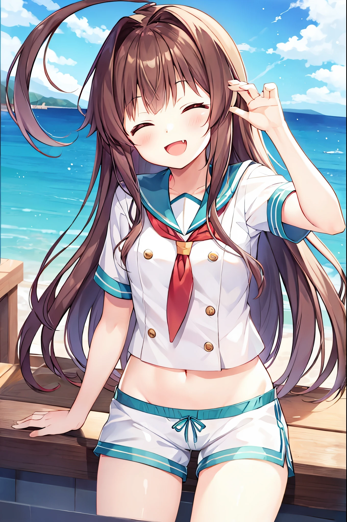 1young_teen_ girl,  brown_hair, long_hair, sailor_uniform,white_ baggy_shorts, short_sleeve, thighs, small_breasts, big_smile, open_mouth, fang, harbor_landscape_background, slightly_spread_legs, happiness, covered_crotch,ahoge,XD,exciting_posing,closed_eyes