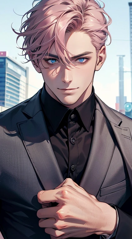 (best quality,4k,8k,highres,masterpiece:1.2),ultra-detailed,(realistic,photorealistic,photo-realistic:1.37),1 man,31 years old,mature man,very handsome,without expression,smile,short grey pink hair,blue eyes,penetrating gaze,perfect face without errors,imposing posture,businessman,office background,cinematic lighting,hdr image