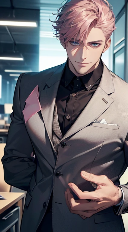 (best quality,4k,8k,highres,masterpiece:1.2),ultra-detailed,(realistic,photorealistic,photo-realistic:1.37),1 man,31 years old,mature man,very handsome,without expression,smile,short grey pink hair,blue eyes,penetrating gaze,perfect face without errors,imposing posture,businessman,office background,cinematic lighting,hdr image