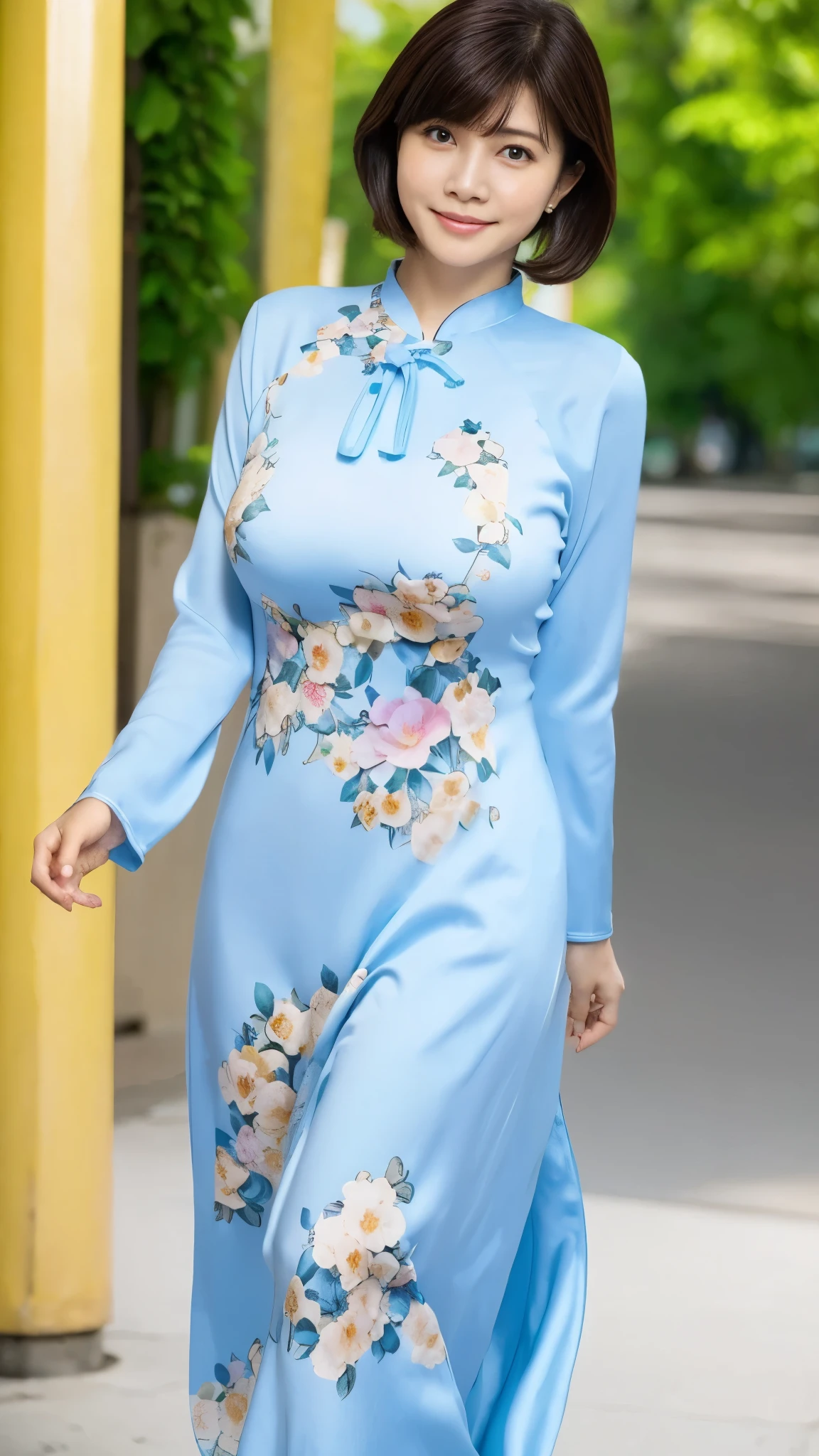 (8k,Ultra-high resolution,Highest quality,masterpiece,Realistic,Ultra-high resolution,High-quality RAW color photos,Professional photos,Realistic,Realistic),Natural skin texture,Fine skin,Hyperrealism,Intricate details,Adult women,Eye highlights.Lip gloss,Glossy Lips,(Cute smile,Short Hair,Dark blonde hair,bangs),(gigantic breast,Big Breasts),necklace,((A rather tight floral light blue Ao Dai)),(Vietnam,Walking in Ho Chi Minh,full body),Bright lighting