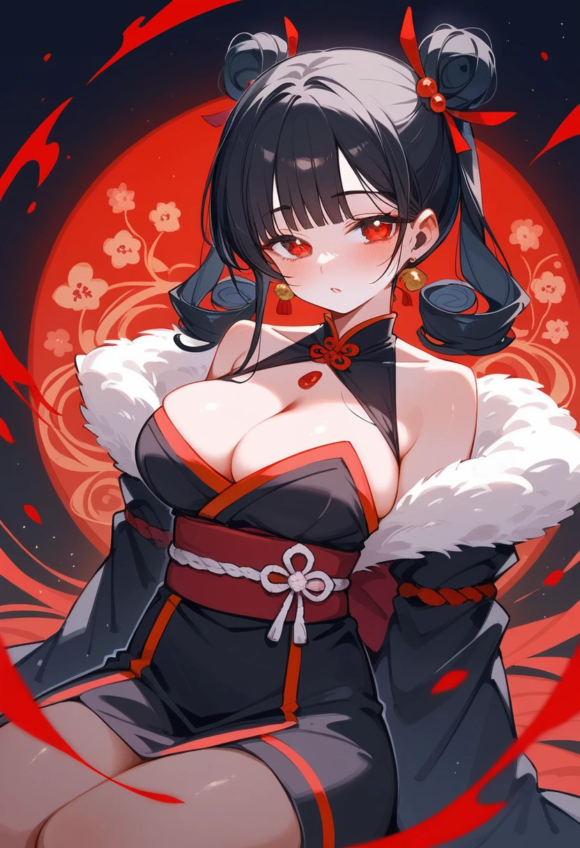 Anime-style illustrations。A woman with a seductive expression and a downer, mysterious aura.。Eyeliner。Her skin is flesh-colored、She has black hair。Her hairstyle is twin tails with vertical roll curls on each side.。Red eyes。Background Japanese-style room night。The clothing is black with a red sash、a luxurious oiran (courtesan) outfit with golden chrysanthemum patterns.。She has big breasts - she has a great figure、She has a very sexy body、Blushing seductive face、The sash on her chest is loose.。Sexy sitting。