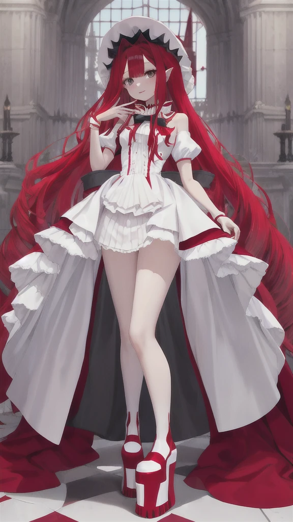 Red long hair girl，vampire，White Hat，White skirt，Chest，Bare Legs，Platform shoes，Standing，castle