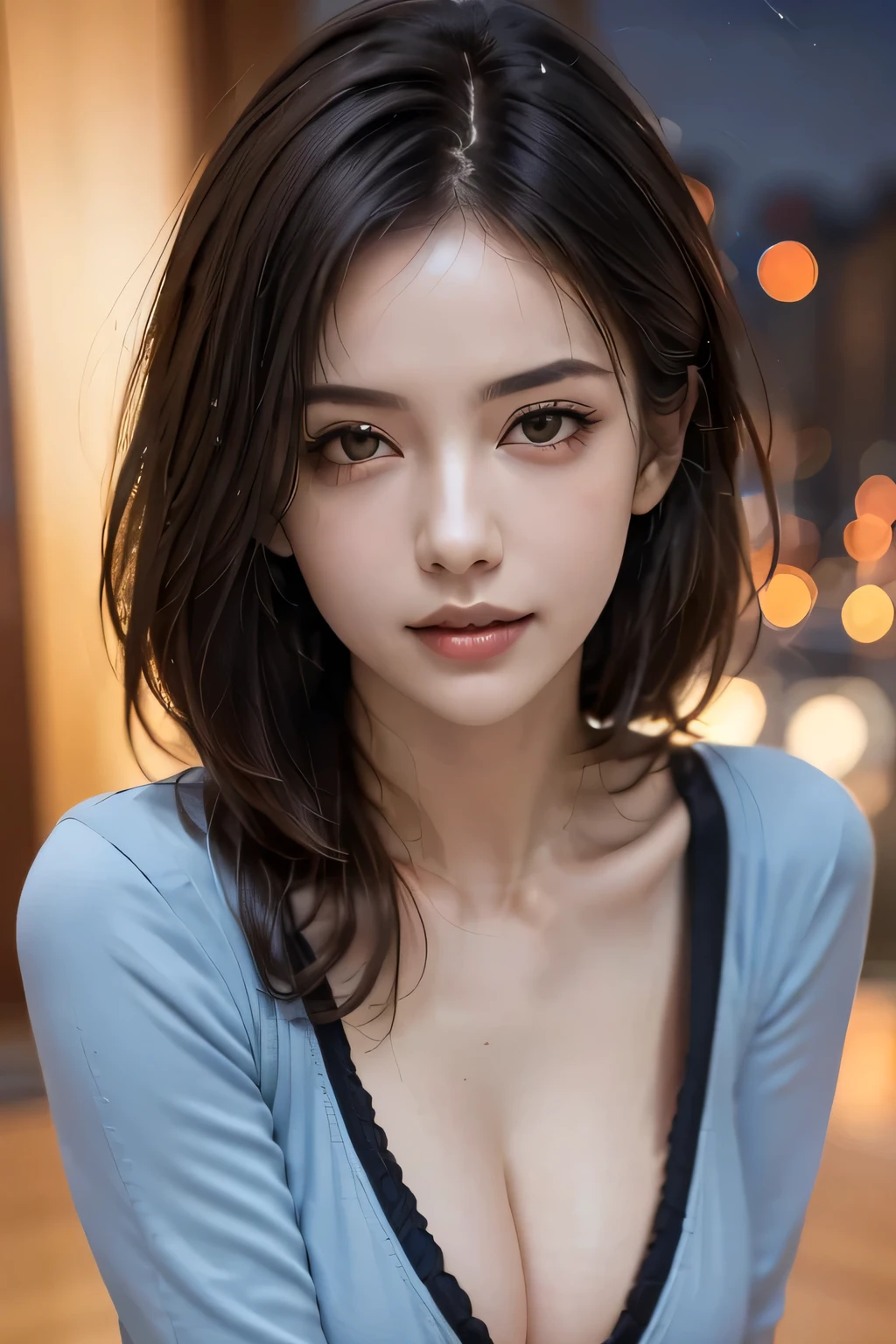 (highest quality, 8k, 32K, masterpiece), (Realistic), (Realistic:1.2), (High resolution), (night:1.7), Japan, cyber punk, City View, In front of the window,Wooden floor, 
Blue jacket, Grey Shirt, clavicle, jewelry, gem, Brunette Bob, 
1 female, 45 years old, beautiful Finger, beautiful long legs, beautifulbody, beautifulNose, beautifulcharacter design, Perfect Eyes, perfectface, Expressive eyes, View your viewers, Center the image, (upper_body), (Focus on her face),
Official Art, Very detailed CG Unity 8k wallpaper, Perfect lighting,Farbeful, bright_front_face_Lighting,Glowing Skin,
(masterpiece:1.0),(Highest_quality:1.0), 超High resolution,4K,Very detailed,
photograph, 8k, High resolution, High resolution, absurdes:1.2, 400 for Kodak Port, Film Grain, Blurred Background, bokeh:1.2, Lens flare, (Vibrant_Farbe:1.2)
(beautiful,chest), (beautiful_face:1.5),(narrow_Waist),