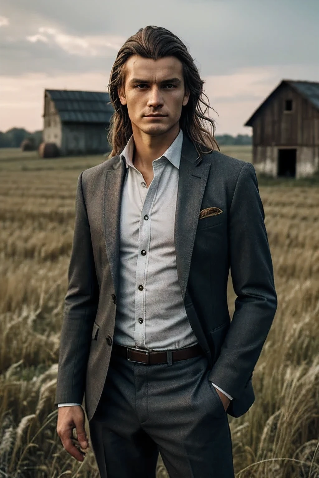 highly detailed face and eyes, cinematic lighting. A smart, undistinguished, ugly, young slavic man with long disheveled hair and facial imperfections stands against a backdrop of field with an old mill. He wears old authentic slavic suit with blazer, jacket and pants