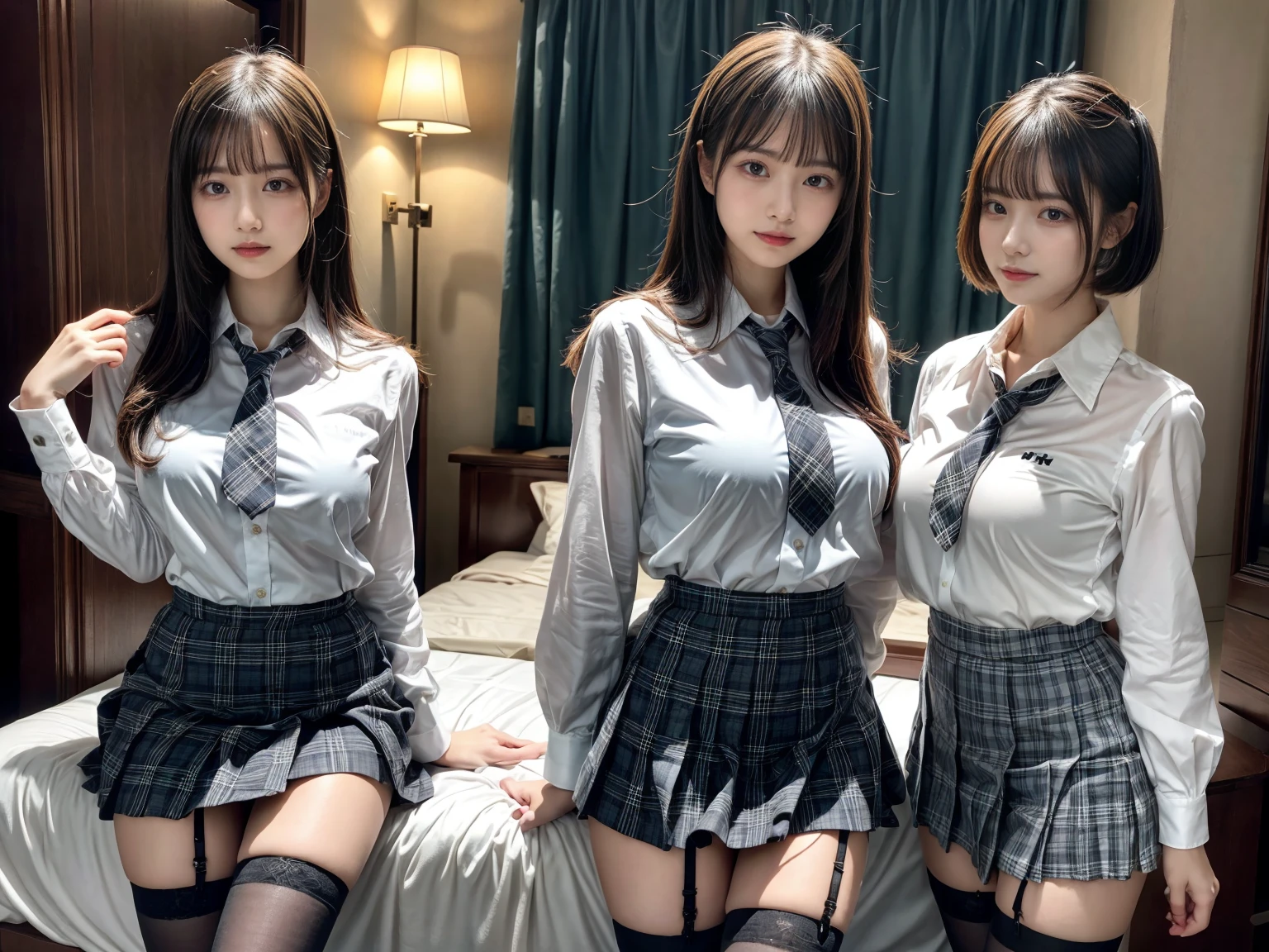 muster piece, best quality, illustration, Super detailed, fine details, High resolution, 8K,wall paper, perfect dynamic composition,(Details High quality, realistic depiction of eyes:1.3), ((2 girls, 2 schoolgirls)), The background is a luxury hotel room、(white school shirt :1.2), (plaid skirt :1.3), tie black, black thigh-high stockings、Colossal tits、Disturbed uniform, Play with each other,Touching each other's bodies,Touching the body of the girl next door, short bob hair, black hair color, huge breasts, Big Natural Color Lip, bold sexy pose, (perfect body shape), crying a little、Harajuku style、Beautiful makeup,glitter makeup,Cutest 18 years old, beautiful legs, hposing Gravure Idol, Voluptuous thighs
