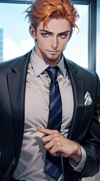 (best quality,4k,8k,highres,masterpiece:1.2),ultra-detailed,(realistic,photorealistic,photo-realistic:1.37),1 man,31 years old,mature man,very handsome,without expression,smile,short grey b
Orange hair,blue eyes,penetrating gaze,perfect face without errors,imposing posture,businessman,office background,cinematic lighting,hdr image