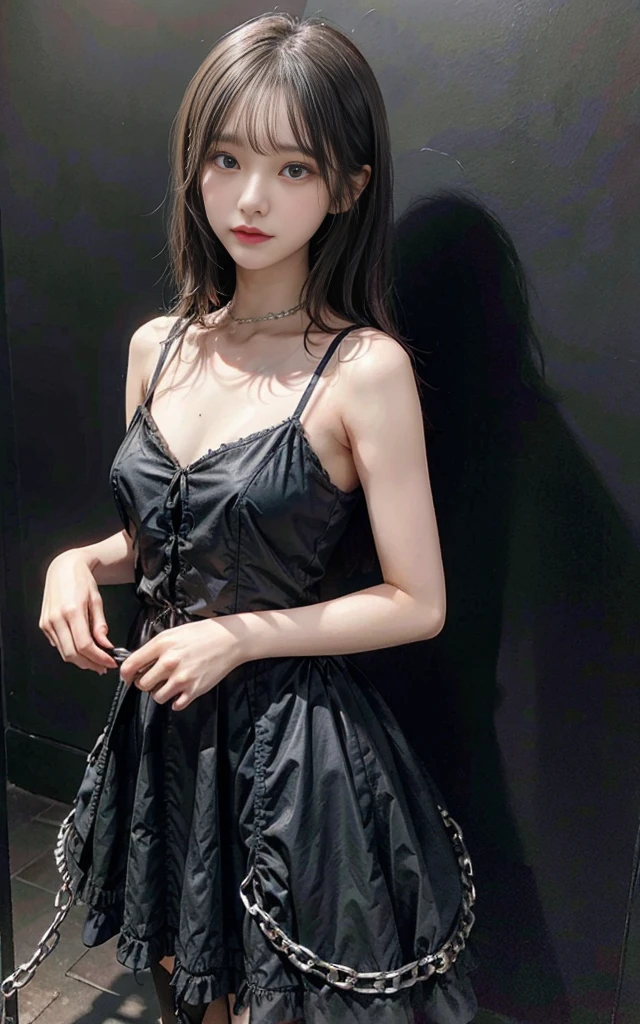Gray Hair、Red eyes、Black Gothic Dress、chain、Dark Background、elegant、detailed、Fantasy、mysterious、4K、Concept Art