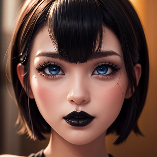 beautiful busty girl, beautiful and perfectly detailed face, blue eyes, short hair with bangs, thick lips,  BLACK LIPS, Manicura negra, Nswf, perfectly detailed slender body, Image 1.2 high resolution 12k gothic makeup 