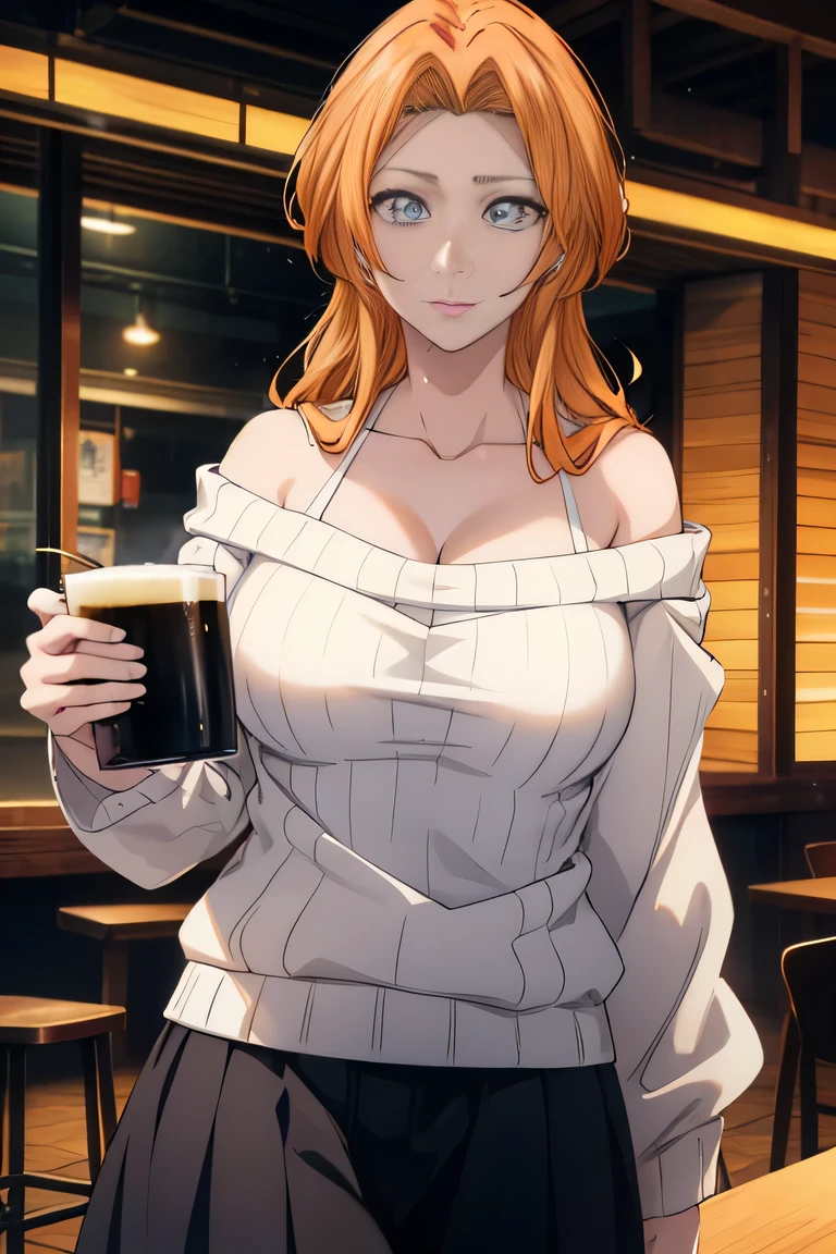 RangikuMatsumoto, rangiku matsumoto, Long Hair, Red-orange hair, Mole, Mole under mouth, Grey Eyes,smile,Happy atmosphere,Open your mouth,Parted bangs, smile,White off-the-shoulder sweater with bare neck,bare clavicle,Exposing shoulders,Black long skirt,There is a big beer mug and some food on the table.,drinking ,
break indoors, Izakaya,
break looking at viewer, (Cowboy Shot:1.5),
break (masterpiece:1.2), Highest quality, High resolution, unity 8k wallpaper, (shape:0.8), (Fine and beautiful eyes:1.6), Highly detailed face, Perfect lighting, Highly detailed CG, (Perfect hands, Perfect Anatomy),
