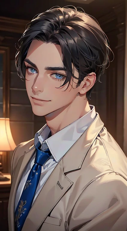 a mature man with short grey Black hair, blue eyes, 31 years, and a perfect face, smiling in love, CEO, cinematic lighting, 1:4 HDR image, top view, ultra detailed, best quality, masterpiece, 8K, photorealistic, beautiful image