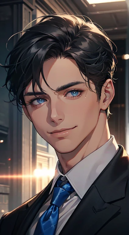 a mature man with short grey Black hair, blue eyes, 31 years, and a perfect face, smiling in love, CEO, cinematic lighting, 1:4 HDR image, top view, ultra detailed, best quality, masterpiece, 8K, photorealistic, beautiful image