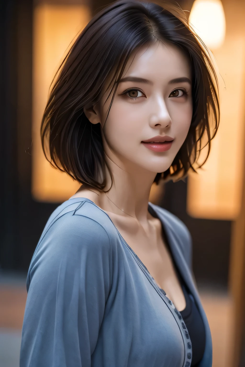 (highest quality, 8k, 32K, masterpiece), (Realistic), (Realistic:1.2), (High resolution), (night:1.7), Japan, cyber punk, City View, In front of the window,Wooden floor, 
Blue jacket, Grey Shirt, clavicle, jewelry, gem, Brunette Bob, 
1 female, 45 years old, beautiful Finger, beautiful long legs, beautifulbody, beautifulNose, beautifulcharacter design, Perfect Eyes, perfectface, Expressive eyes, View your viewers, Center the image, (upper_body), (Focus on her face),
Official Art, Very detailed CG Unity 8k wallpaper, Perfect lighting,Farbeful, bright_front_face_Lighting,Glowing Skin,
(masterpiece:1.0),(Highest_quality:1.0), 超High resolution,4K,Very detailed,
photograph, 8k, High resolution, High resolution, absurdes:1.2, 400 for Kodak Port, Film Grain, Blurred Background, bokeh:1.2, Lens flare, (Vibrant_Farbe:1.2)
(beautiful,chest), (beautiful_face:1.5),(narrow_Waist),