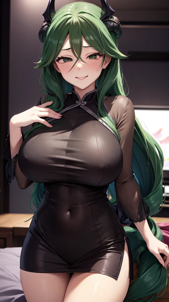 Erotic、Pokemon Cheryl、Green Hair、tall、Big Breasts、Heart-shaped hair clip、Purple Chinese dress China dress 「Pink line」、Evil Combatants、sexy、Evil smirk face、tall、adult、lure、Alluring、Pitch black background、Dark bedroom at night、Fall into Darkness、Fallen into evil、Bat wings on the back、Succubus